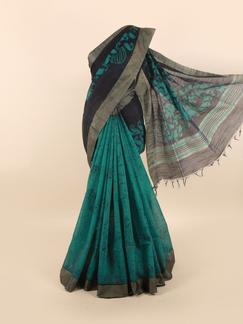 

Pothys Black & Green Floral Printed Zari Jute Cotton Saree