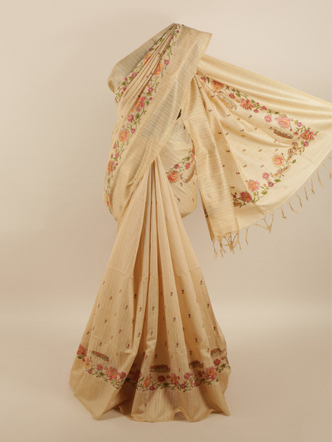 

Pothys Cream-Coloured & Pink Floral Printed Jute Silk Saree