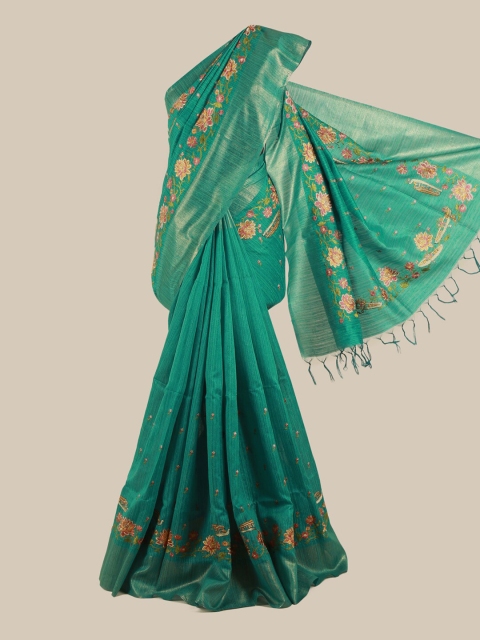 

Pothys Green & Pink Floral Embroidered Jute Silk Saree