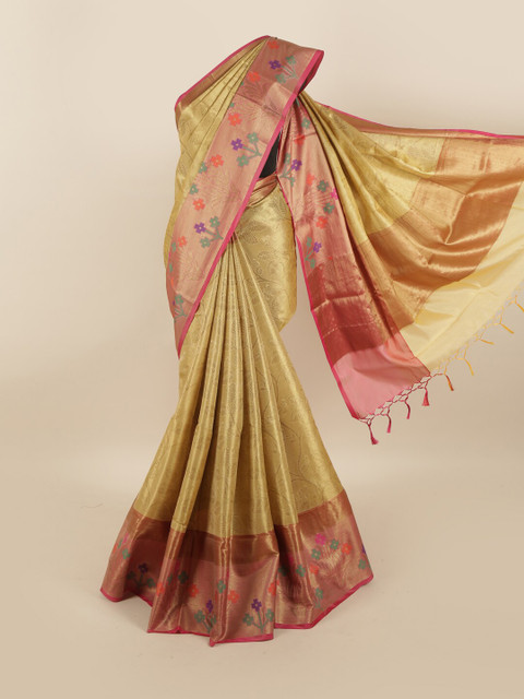 

Pothys Gold-Toned & Pink Floral Zari Art Silk Saree