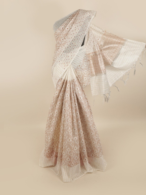 

Pothys Cream-Coloured & White Floral Printed Mirror Work Tissue Saree