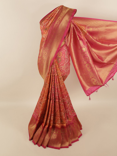 

Pothys Pink & Gold-Toned Bandhani Printed Art Silk Saree