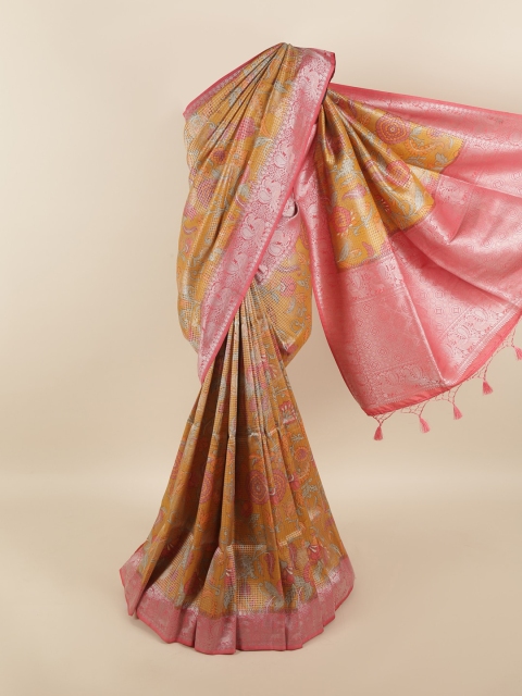 

Pothys Mustard & Silver-Toned Floral Art Silk Saree