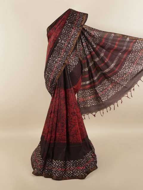 

Pothys Maroon & Black Batik Printed Jute Cotton Saree