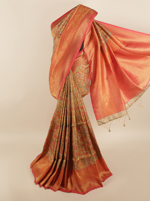 

Pothys Orange & Gold-Toned Floral Zari Art Silk Saree