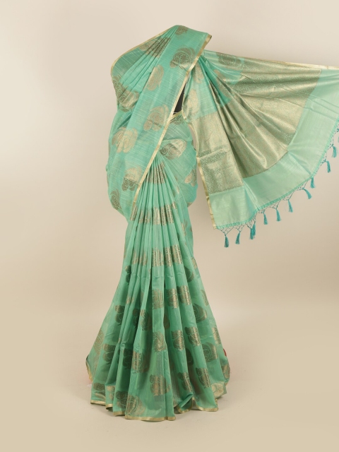 

Pothys Green & Gold-Toned Floral Jute Silk Saree