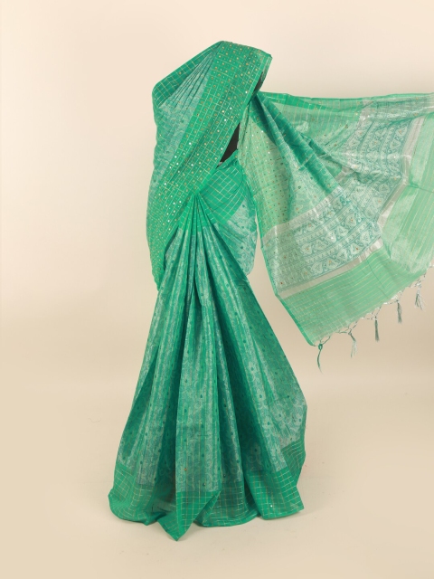 

Pothys Green & Silver-Toned Floral Mirror Work Tissue Saree
