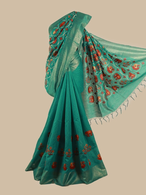 

Pothys Green & Red Ethnic Motifs Printed Zari Jute Silk Saree