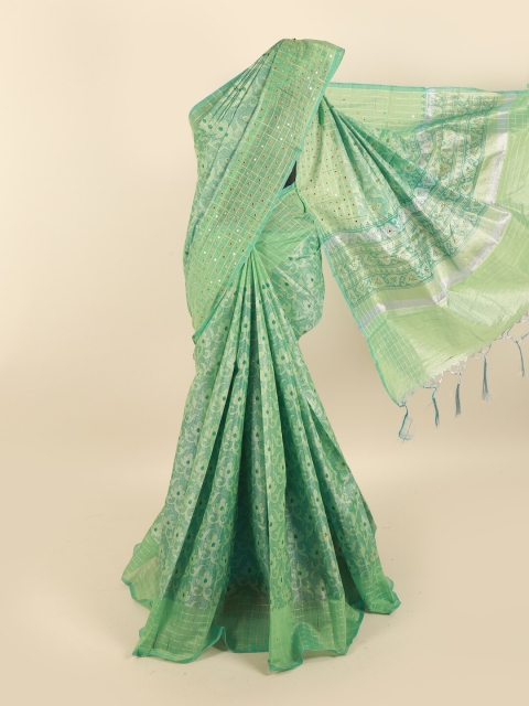 

Pothys Green & Gold-Toned Woven Design Mirror Work Tissue Saree