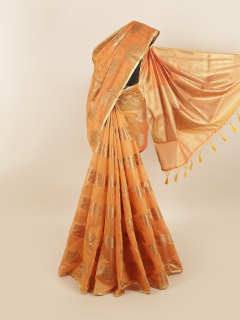 

Pothys Orange & Gold-Toned Floral Zari Jute Silk Saree