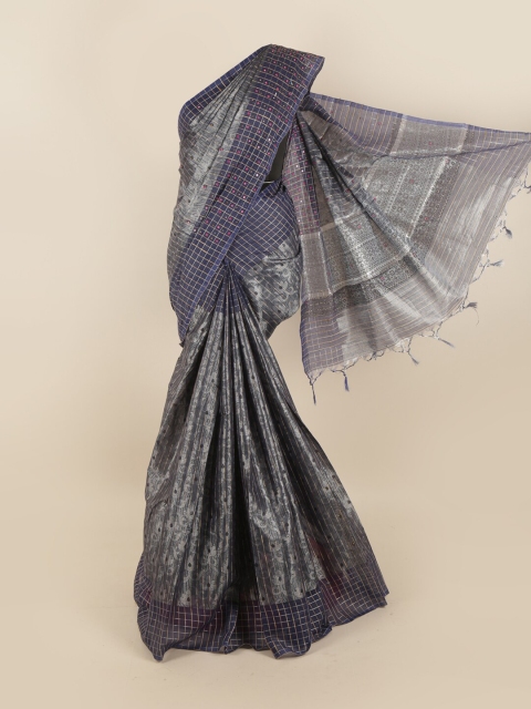 

Pothys Blue & Grey Floral Printed Mirror Work Tissue Saree