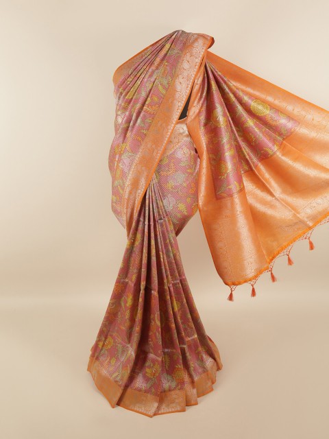 

Pothys Pink & Silver-Toned Floral Printed Zari Art Silk Saree