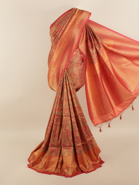 

Pothys Orange & Gold-Toned Floral Art Silk Saree