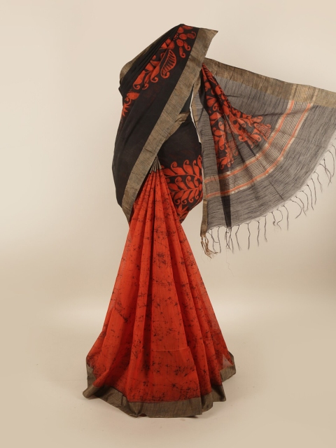 

Pothys Orange & Black Floral Printed Jute Cotton Saree