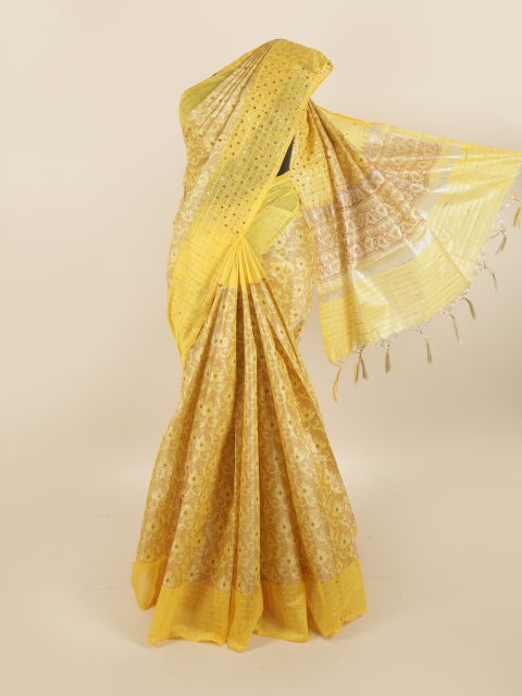 

Pothys Yellow & Brown Floral Mirror Work Tissue Saree