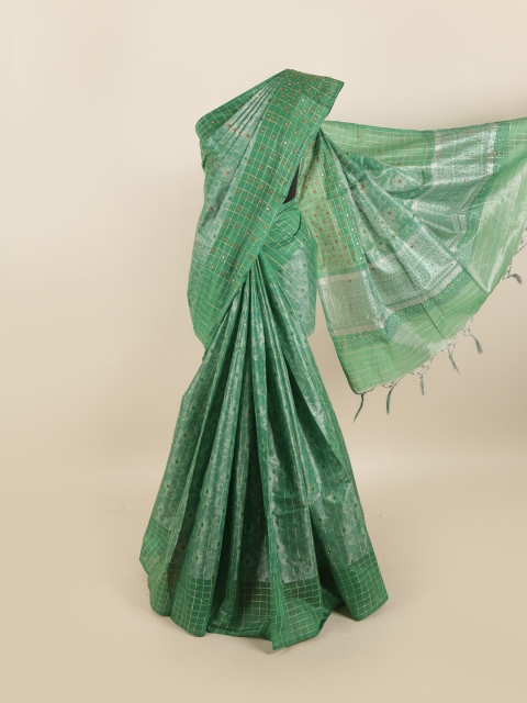 

Pothys Green & Silver-Toned Mirror Work Tissue Saree