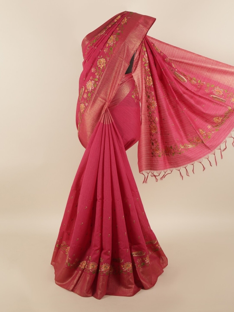 

Pothys Pink & Green Floral Jute Silk Saree