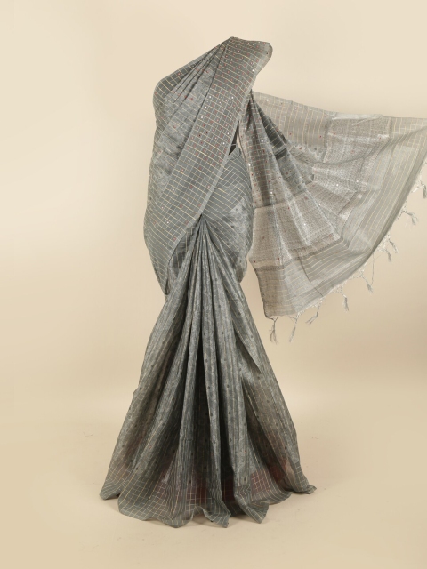 

Pothys Grey Floral Mirror Work Tissue Saree