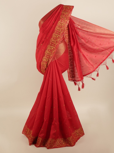 

Pothys Red & Yellow Floral Jute Silk Saree