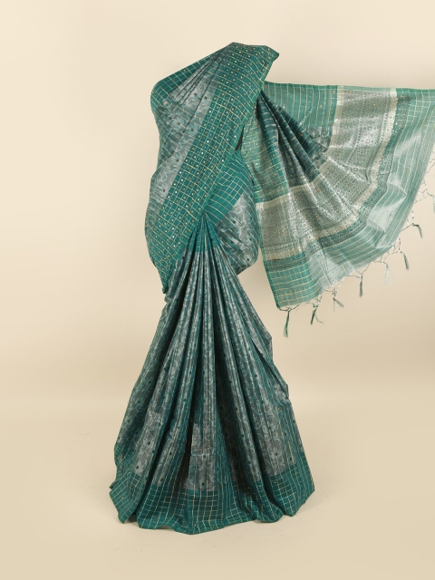 

Pothys Green & Silver-Toned Floral Mirror Work Tissue Saree