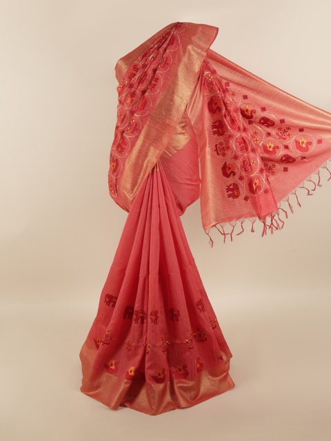 

Pothys Pink & Yellow Ethnic Motifs Zari Jute Silk Saree