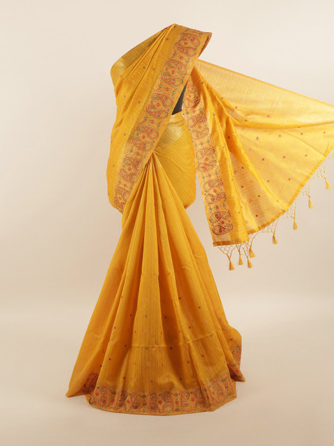 

Pothys Yellow & Orange Embroidered Jute Silk Saree