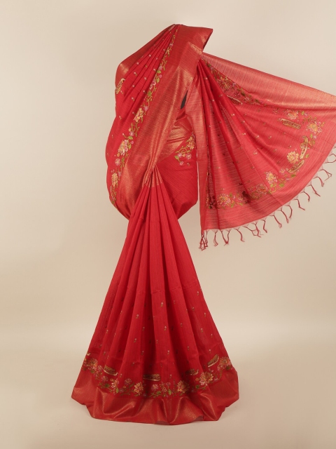 

Pothys Red & Green Floral Zari Jute Silk Saree