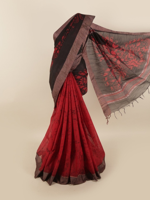 

Pothys Black & Red Floral Jute Cotton Saree