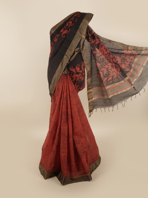 

Pothys Black & Brown Printed Jute Cotton Saree