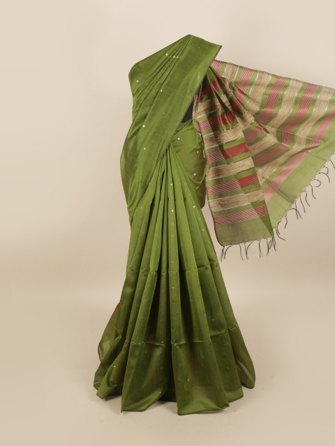 

Pothys Green & Gold-Toned Striped Beads and Stones Jute Silk Saree