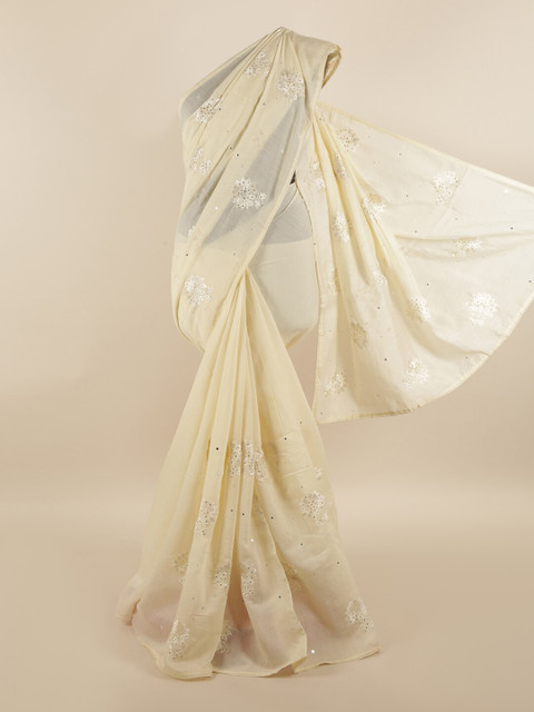 

Pothys Cream-Coloured & Off White Floral Embroidered Beads and Stones Silk Blend Saree