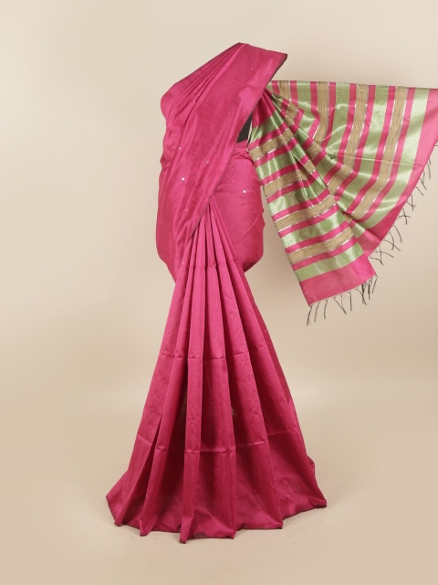 

Pothys Pink & Green Mirror Work Jute Silk Saree