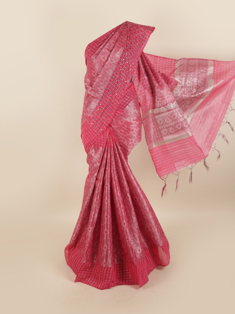 

Pothys Pink & Silver-Toned Floral Mirror Work Tissue Saree