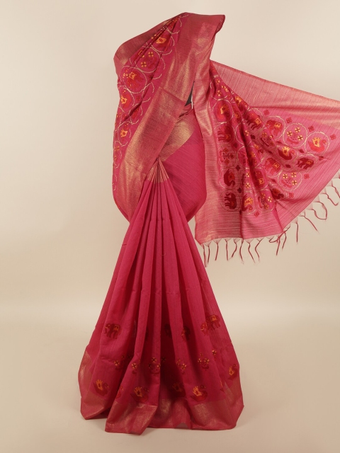 

Pothys Pink & Yellow Embroidered Jute Silk Saree