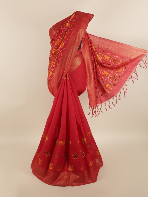 

Pothys Red & Yellow Floral embroideredJute Silk Saree