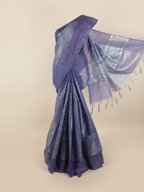 

Pothys Blue & Pink Floral Mirror Work Tissue Saree