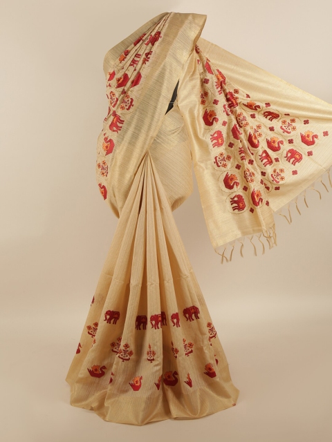 

Pothys Cream-Coloured & Red Ethnic Motifs Jute Silk Saree