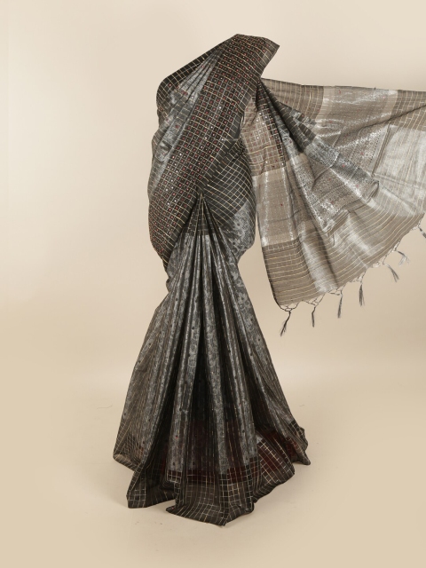 

Pothys Black & Grey Woven Design Mirror Work Tissue Saree