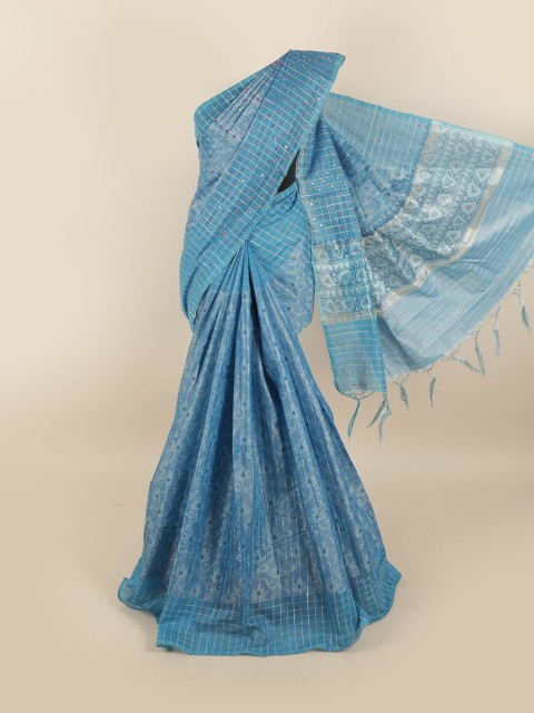 

Pothys Blue & Pink Floral Mirror Work Tissue Saree