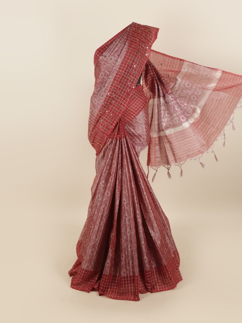 

Pothys Mauve & Red Floral Mirror Work Tissue Saree