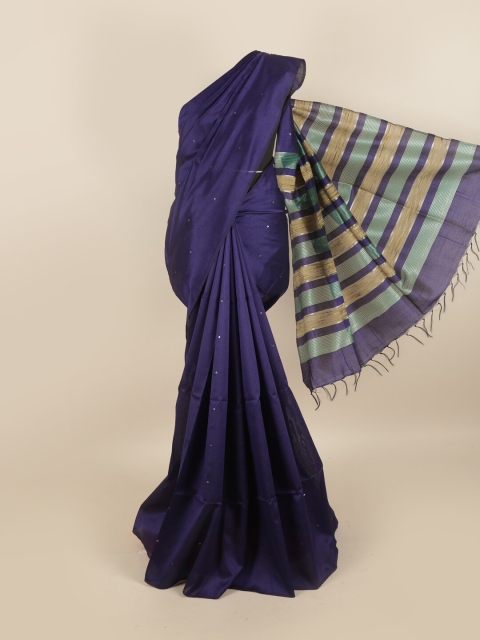 

Pothys Blue & Green Mirror Work Jute Silk Saree
