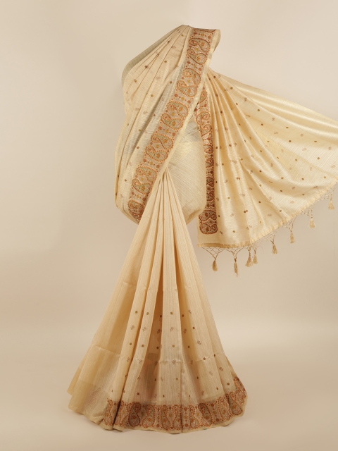 

Pothys Cream-Coloured & Orange Paisley Jute Silk Saree