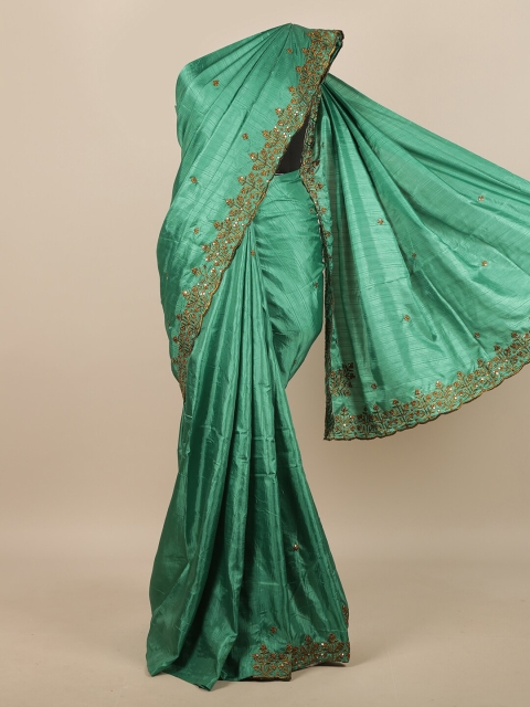

Pothys Sea Green & Gold-Coloured Floral Embroidered Art Silk Saree