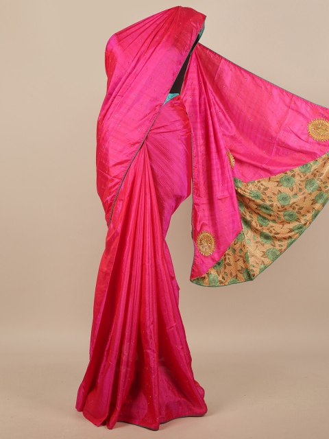 

Pothys Magenta & Green Stones Embellished Art Silk Saree