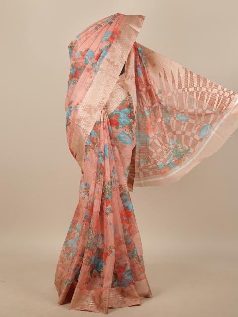 

Pothys Peach-Coloured & Turquoise Blue Floral Jute Silk Saree
