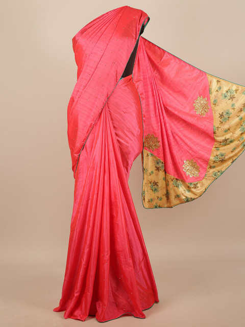 

Pothys Pink & Gold-Toned Embellished Beads and Stones Art Silk Saree