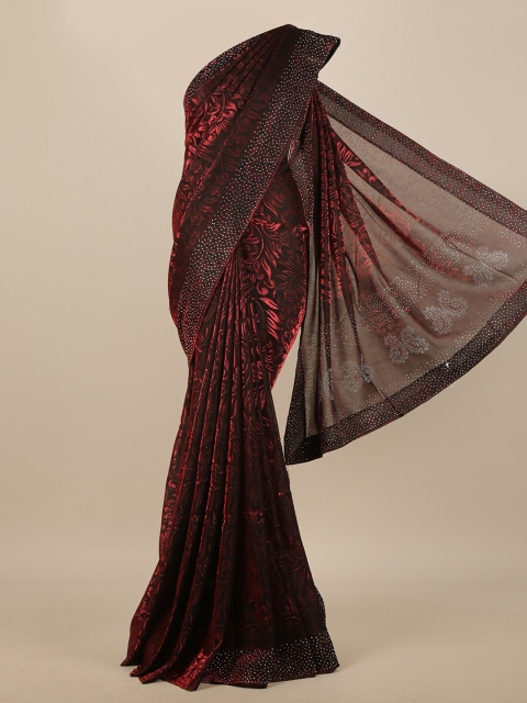 

Pothys Maroon & Silver-Toned Floral Beads and Stones Jute Cotton Saree
