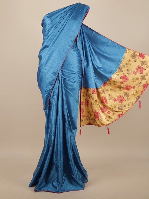

Pothys Blue & Gold-Toned Embellished Beads and Stones Art Silk Saree