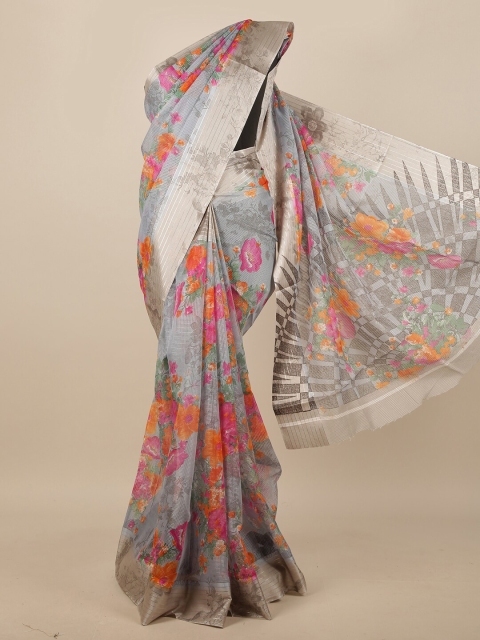 

Pothys Grey & Orange Floral Jute Silk Saree