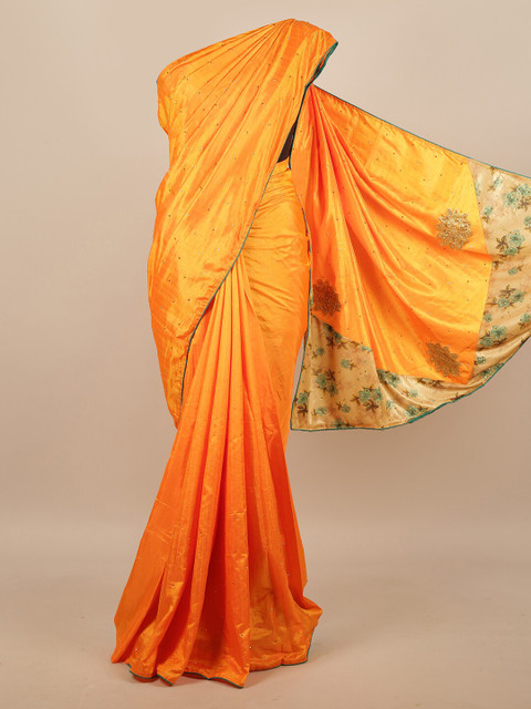 

Pothys Orange & Green Embellished Beads and Stones Art Silk Saree